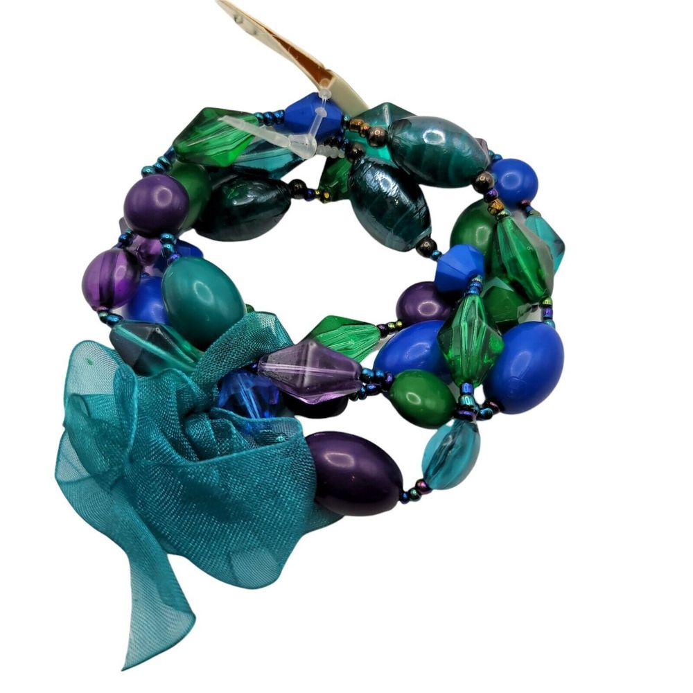 Esmor Aqua Blue Purple Green Bead Peacock Multi Strand Stretch Bracelet NWT Boho
